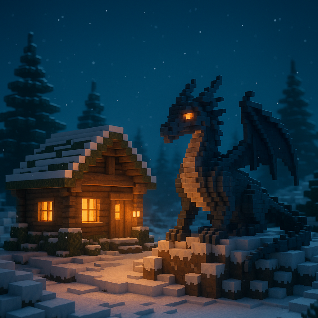 Cozy Minecraft cabin in a snowy forest glowing with warm lantern light.