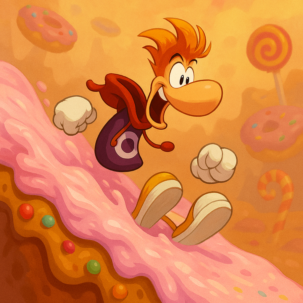 AI-generated image of Rayman gliding with helicopter hair over platforms.