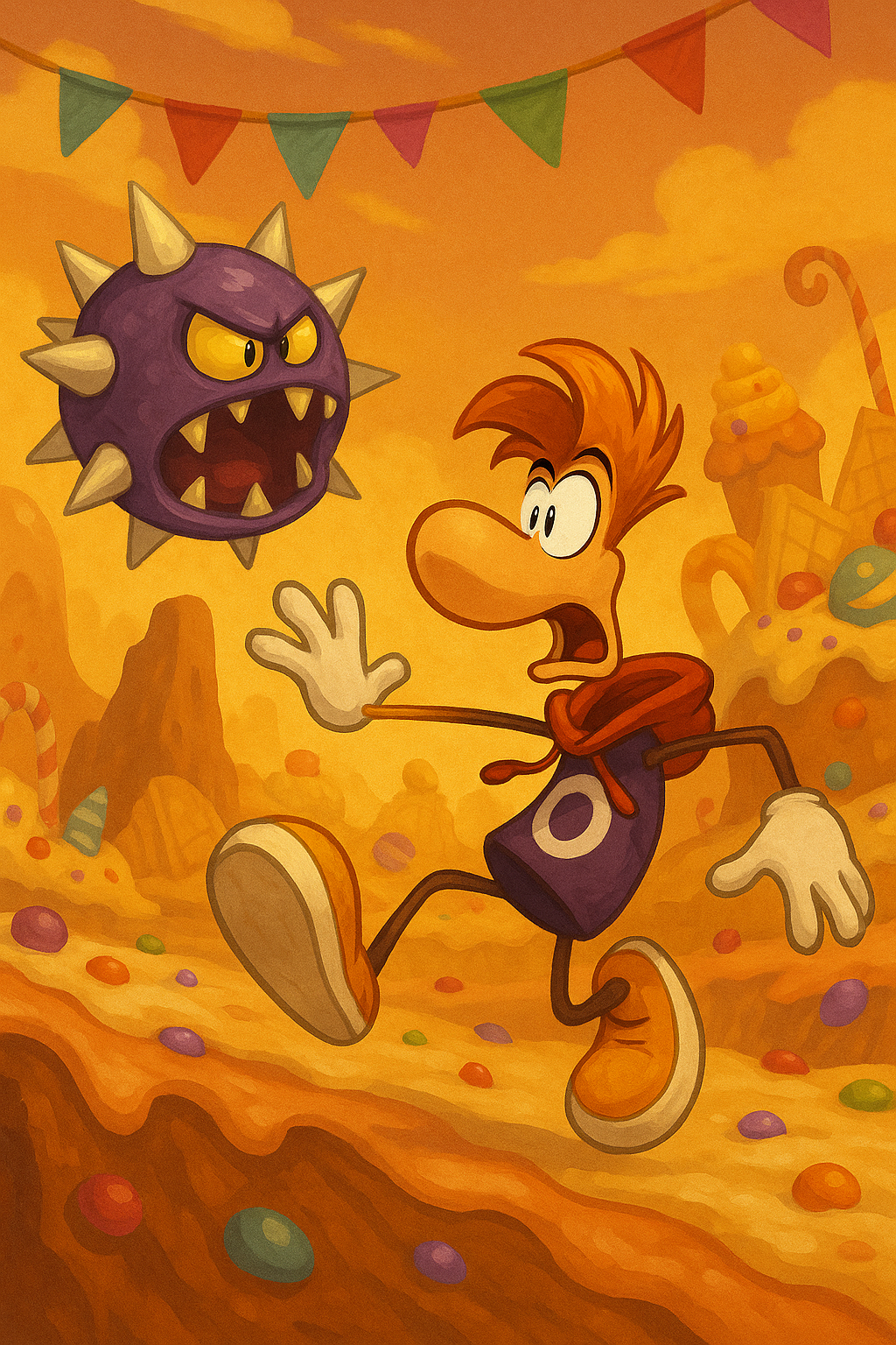 AI-generated image of Rayman exploring a colourful fantasy platforming level.